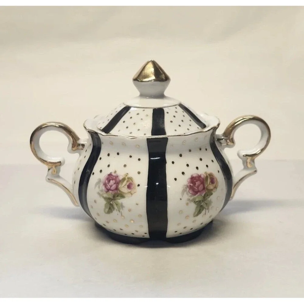 Fairyland China Striped And Polka dot Sugar Tea Floral White And Black Japan
